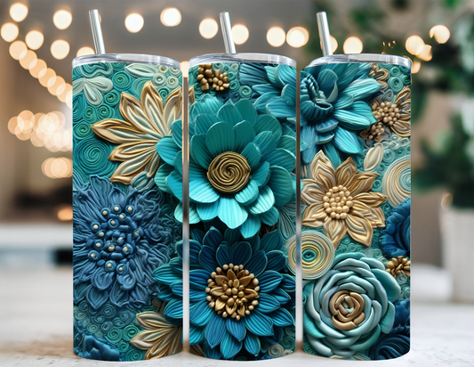 3D TEAL AND GOLD FLORAL TUMBLER