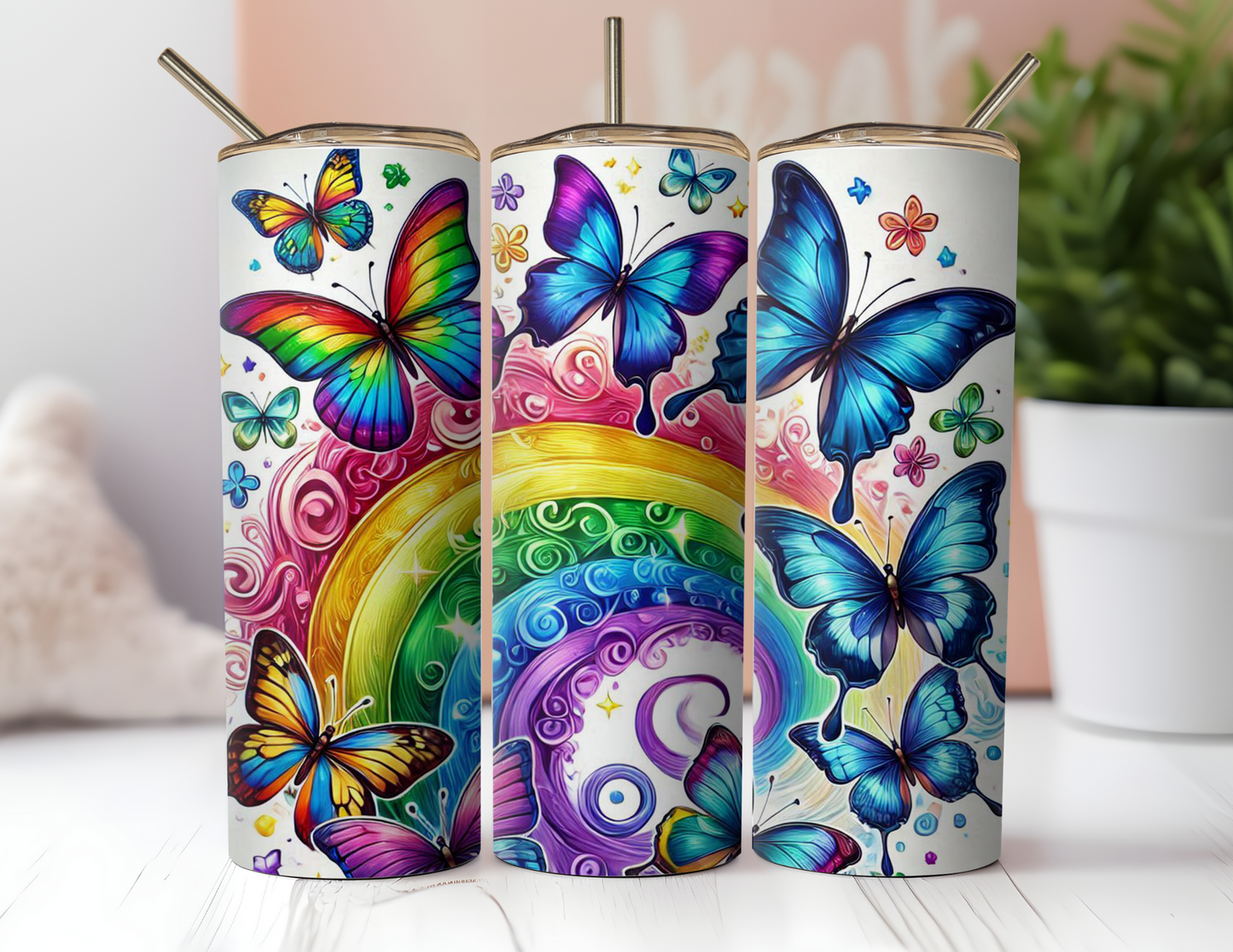 FLORAL BUTTERFLY AND RAINBOW TUMBLER