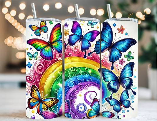 FLORAL BUTTERFLY AND RAINBOW TUMBLER