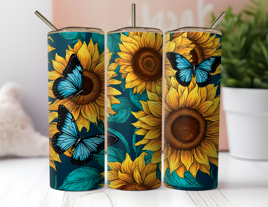 FLORAL SUNFLOWER TUMBLER WITH BUTTERFLIES