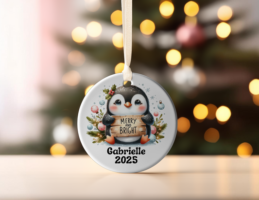 PERSONALIZED PENGUIN MERRY & BRIGHT ORNAMENT