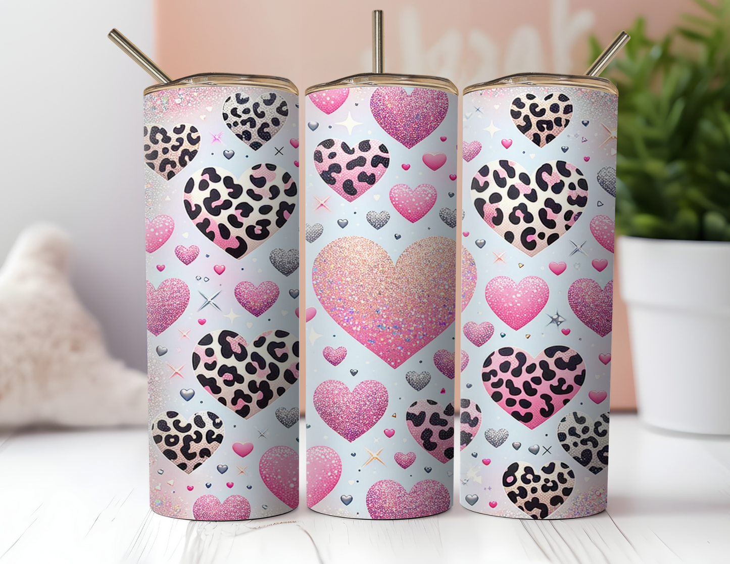 LEOPARD AND PINK HEARTS TUMBLER