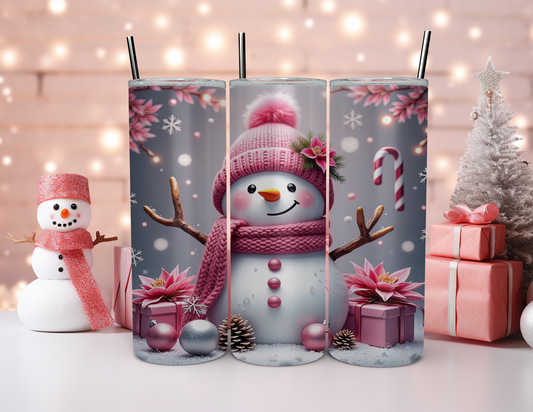 PINK AND SILVER SNOWMAN TUMBLER