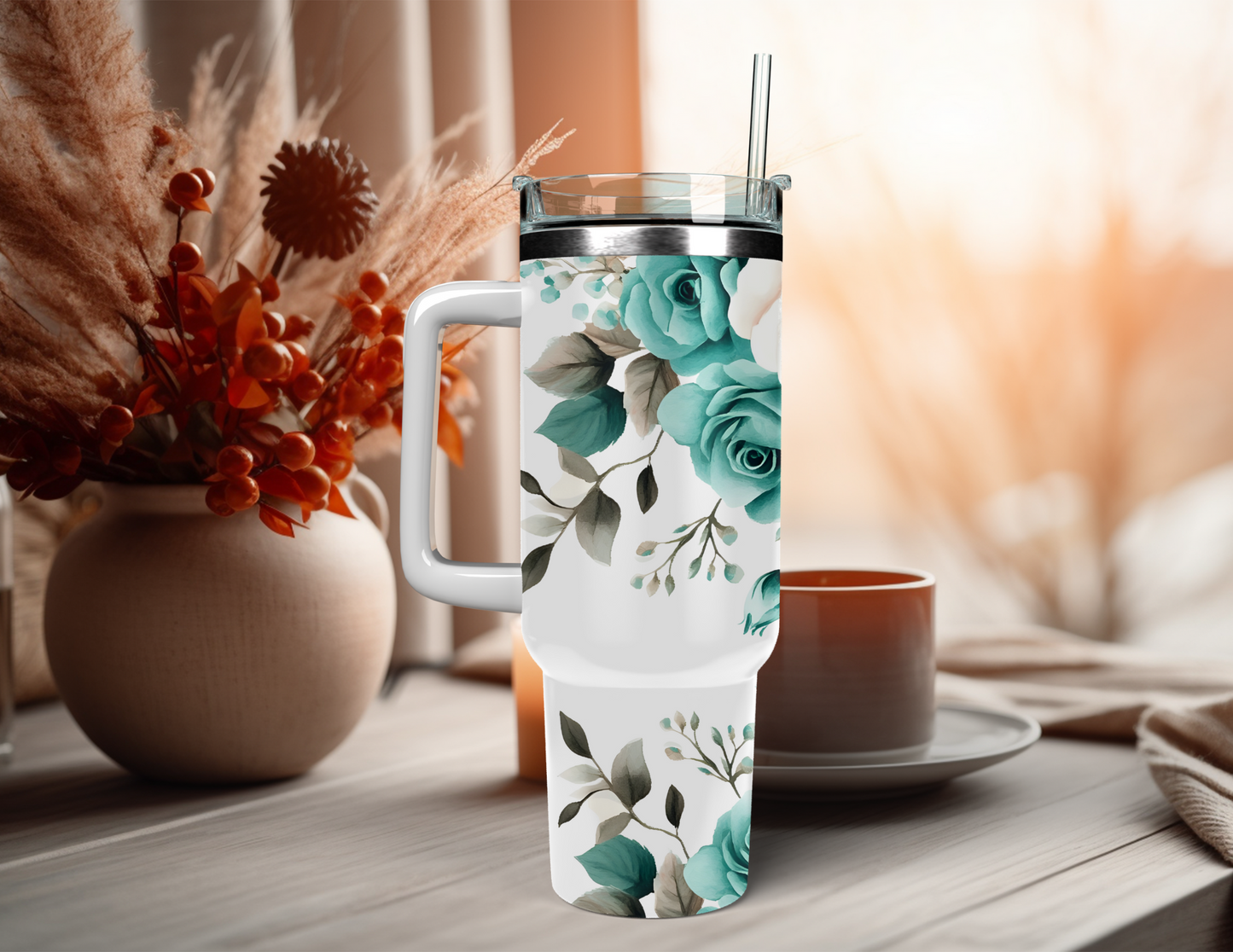 TEAL FLORAL 40 OZ TUMBLER