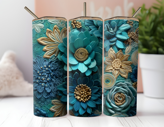 3D TEAL AND GOLD FLORAL TUMBLER