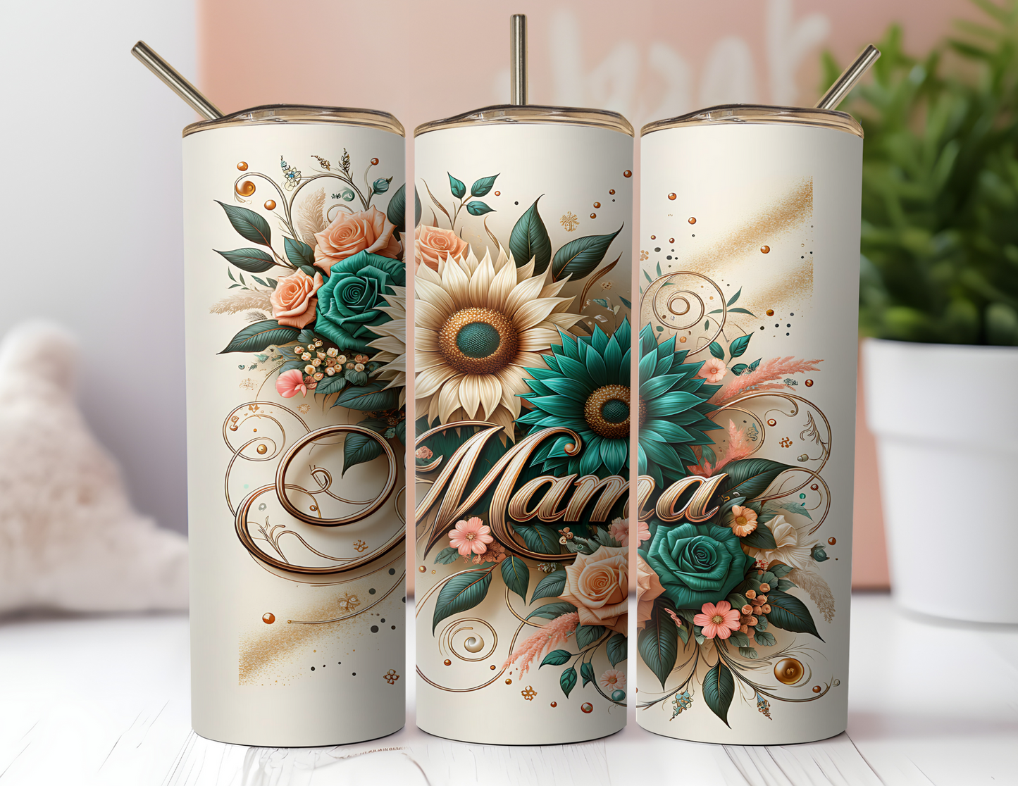 MAMA TEAL AND BEIGE FLORAL TUMBLER