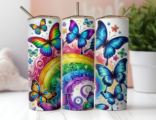 FLORAL BUTTERFLY AND RAINBOW TUMBLER