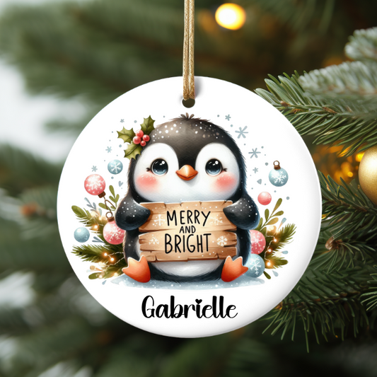 MERRY AND BRIGHT PERSONALIZED PENGUIN ORNAMENT