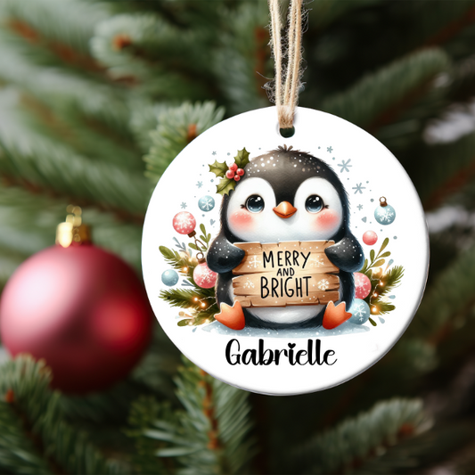 MERRY AND BRIGHT PERSONALIZED PENGUIN ORNAMENT