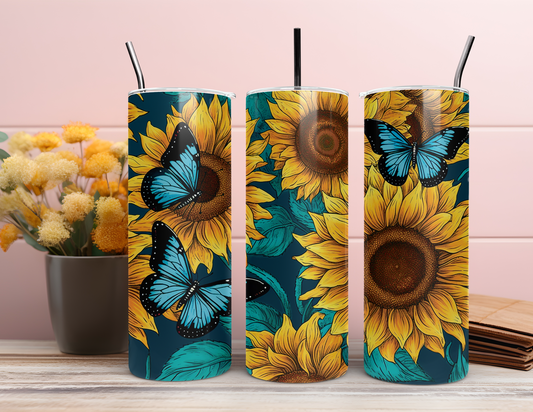 FLORAL SUNFLOWER TUMBLER WITH BUTTERFLIES